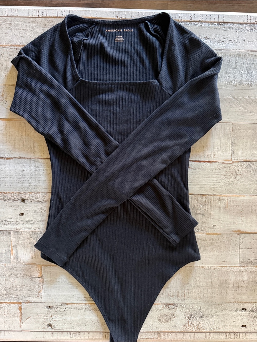 American Eagle Outfitters Black Ribbed Long Sleeve Square Neck Bodysuit